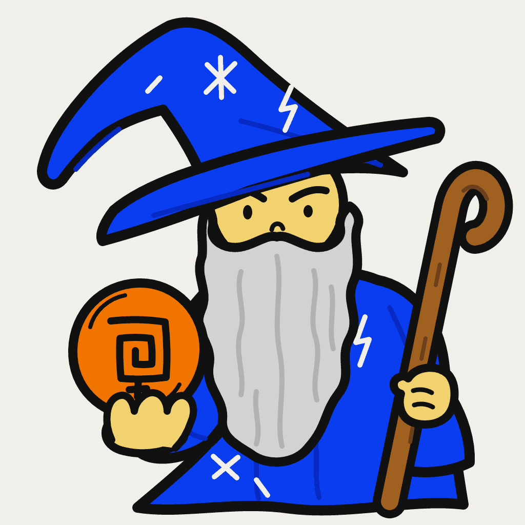 The hero Internet Wizard: crooked blue hat with white scribbles, long grey beard, an orange orb held in an open palm, and a wooden crook staff